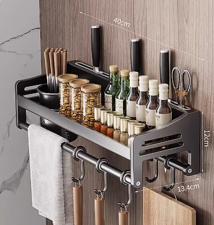 Hot push stainless steel kitchen shelf (3 slots + 6 hooks + single cup) (Specification: 40*12*13.4CM)