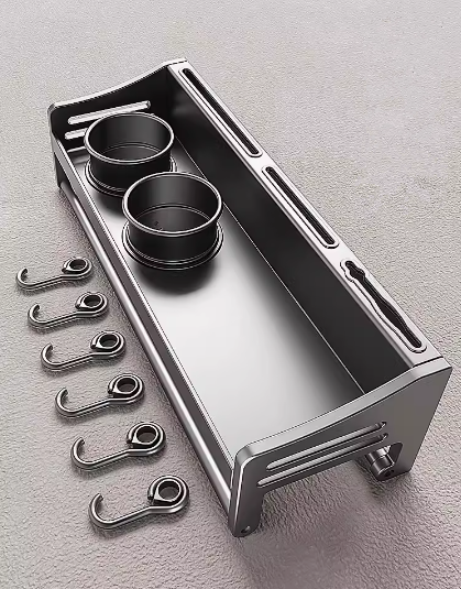 Hot push stainless steel kitchen shelf (3 slots + 6 hooks + double cups) (Specification: 40*12*13.4CM)