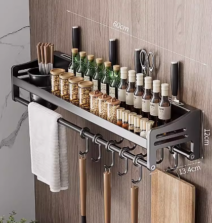 Hot push stainless steel kitchen shelf (4 knife slots + 10 hooks + single cup) (Specification: 60*12*13.4CM)