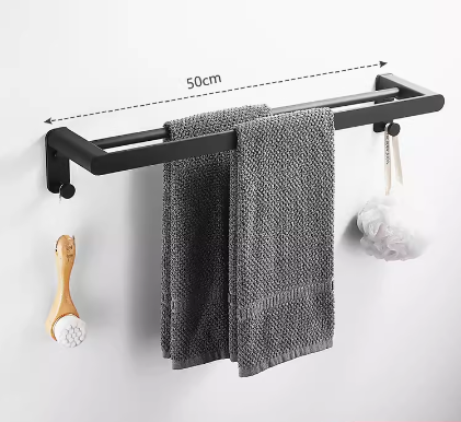 Hot push double pole towel bar (black 50CM with hook) (Specification: 50*12*9CM)