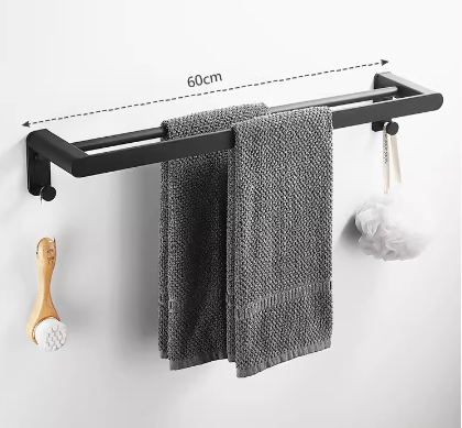 Hot push double pole towel bar (black 60CM with hook) (Specification: 60*12*9CM)