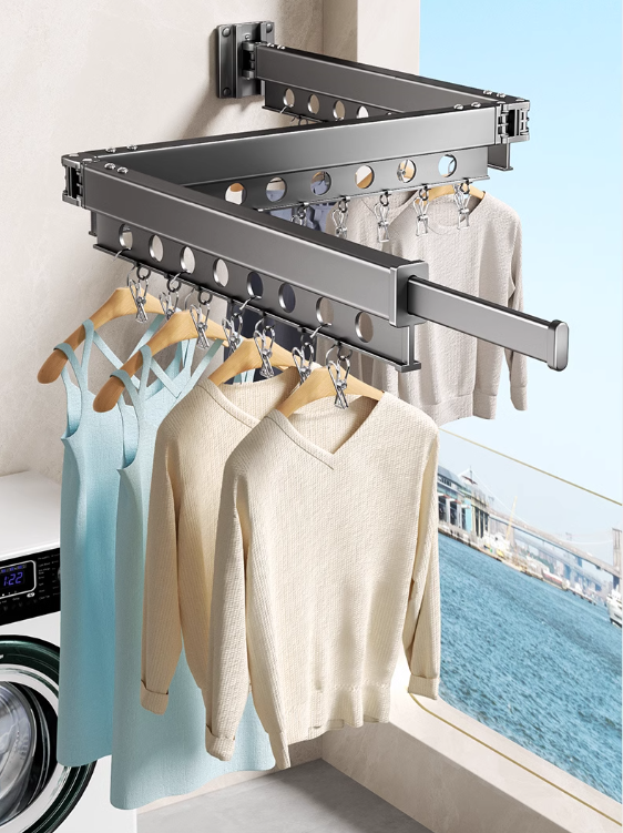 Hot push folding balcony clothes drying rack (black four sections 24 holes + 21 clips) (specification: 176*9*7.6CM)