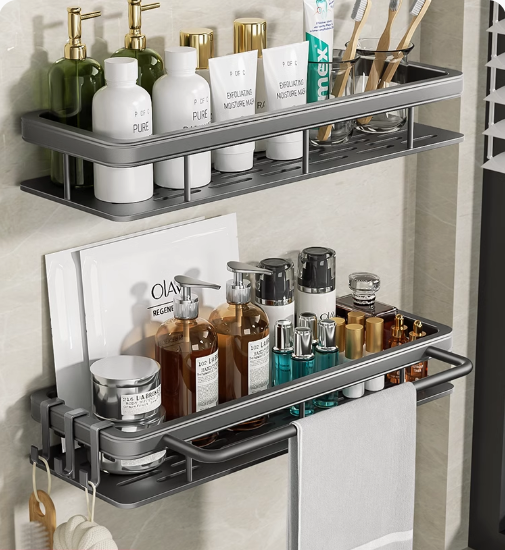 Hot push bathroom storage rack (gun gray double layer) (removable hook*3+towel bar*1) (Specification: 30*13*5.5CM)