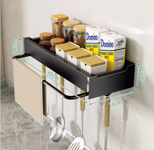 Hot push kitchen shelf (black single layer 30CM upgraded with rod) (Specification: 30*13*5.5CM)