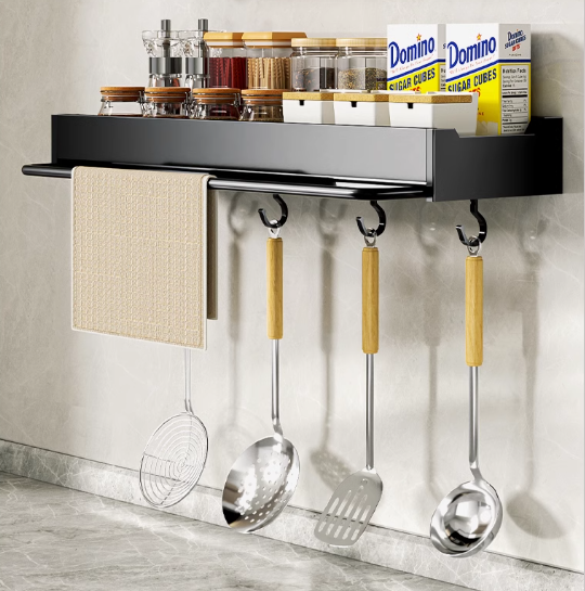 Hot push kitchen shelf (black single layer 40CM upgraded with rod) (Specification: 40*13*5.5CM)