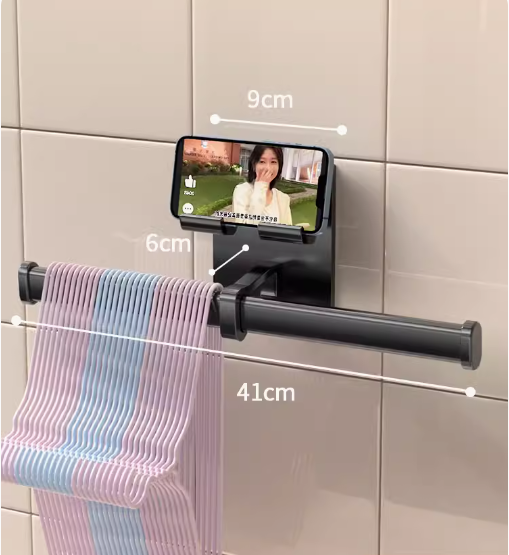 Hot recommended balcony parallel bar clothes hanger mobile phone storage rack (black) (specification: 41*9*6CM)