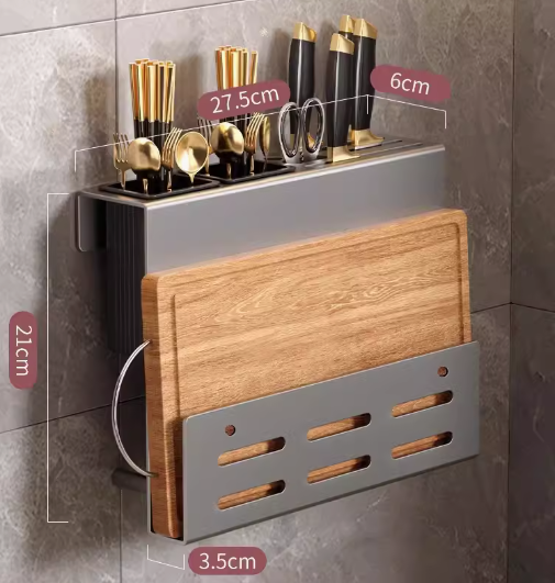 Hot recommended three-in-one wall-mounted knife holder (gun gray knife holder + chopping board holder with double cups) (specification: 27.5*21*6*3.5CM)