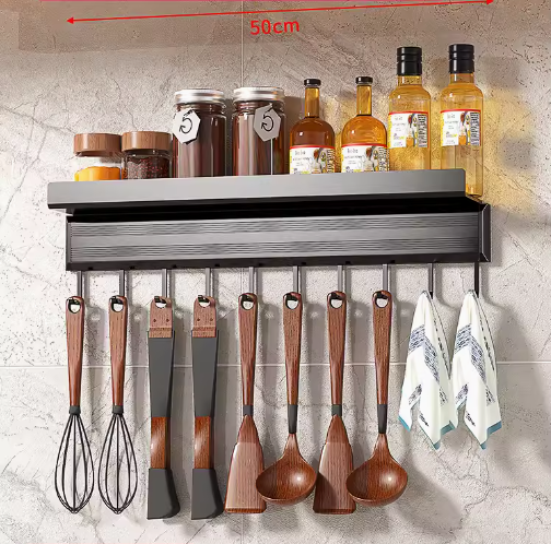 Hot-recommended kitchen storage rack (jet black 50CM-movable 10-hook storage rack) (specification: 50*9*6*3CM)