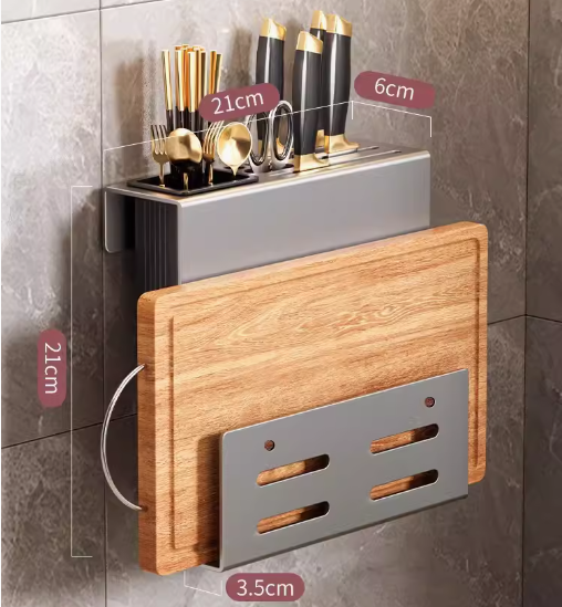 Hot recommendation three-in-one wall-mounted knife holder (gun gray knife holder + cutting board holder single cup) (specification: 21*21*6*3.5CM)