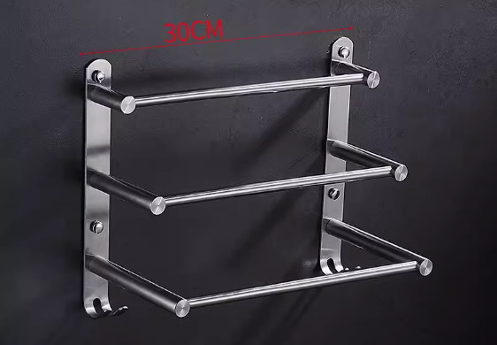 Hot push bathroom 304 stainless steel three-layer hanging towel rack (thickened with hook 30CM) (Specification: 30*28CM)