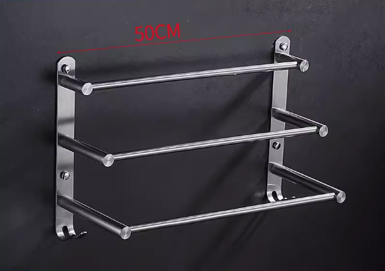 Hot push bathroom 304 stainless steel three-layer hanging towel rack (thickened with hook 50CM) (Specification: 50*28CM)