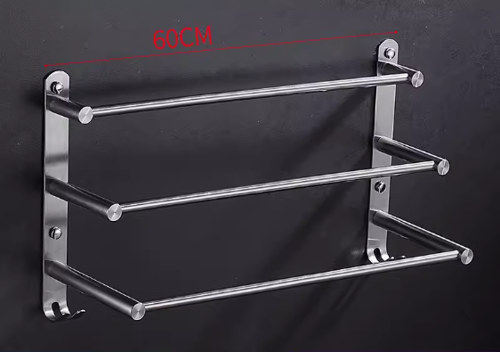 Hot push bathroom 304 stainless steel three-layer hanging towel rack (thickened with hook 60CM) (Specification: 60*28CM)