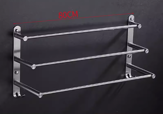 Hot push bathroom 304 stainless steel three-layer hanging towel rack (thickened with hook 80CM) (Specification: 80*28CM)