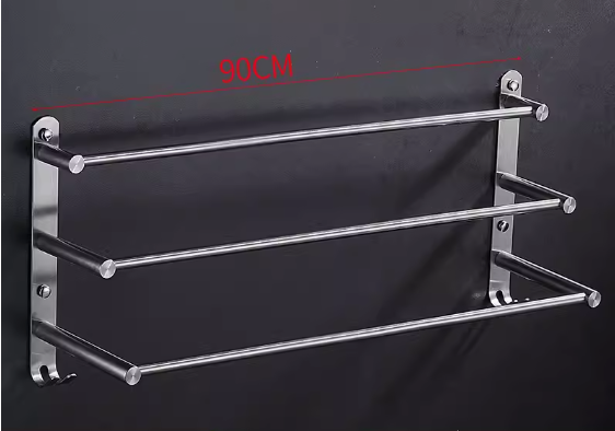 Hot push bathroom 304 stainless steel three-layer hanging towel rack (thickened with hook 90CM) (Specification: 90*28CM)