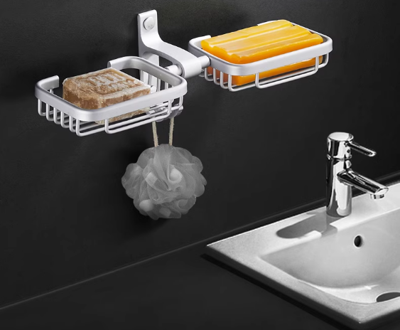 Hot push wall-mounted soap dish (natural color - double grid soap net) (specification: 30.7*9.5*3*13CM)