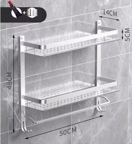 Hot push bathroom shelf (double layer with rod 50CM) (Specification: 50*48*14*5CM)