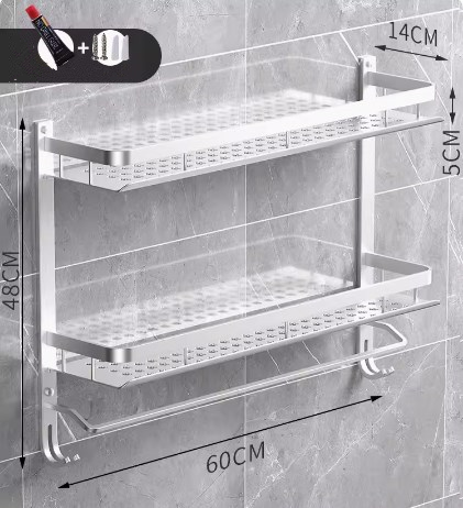 Hot push bathroom shelf (double layer with rod 60CM) (Specification: 60*48*14*5CM)