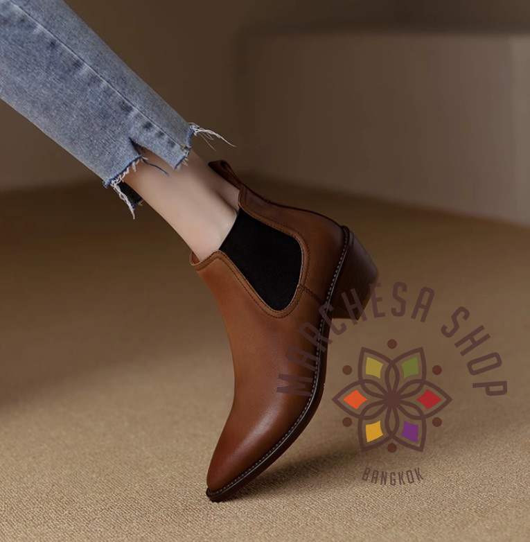 S3161 - 全真皮羊皮尖頭彈力低踭踝靴