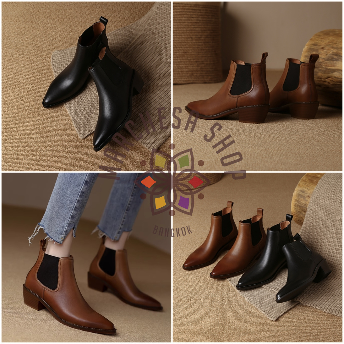 S3161 - 全真皮羊皮尖頭彈力低踭踝靴