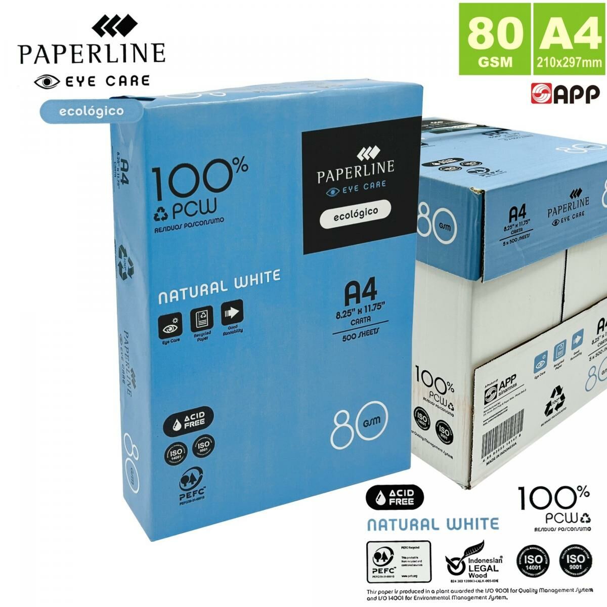 【箱裝】80克A4 Paperline "Eye Care" 環保再生白影印紙 (2,500張) 5包