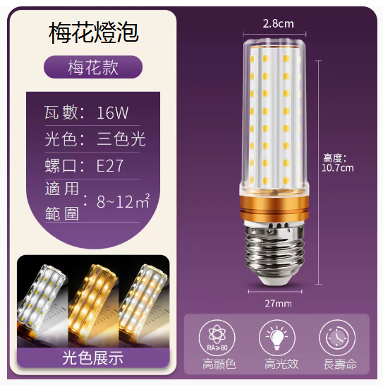 Hot recommended LED light bulb corn lamp (e27 screw socket, super bright 16W three-color light)