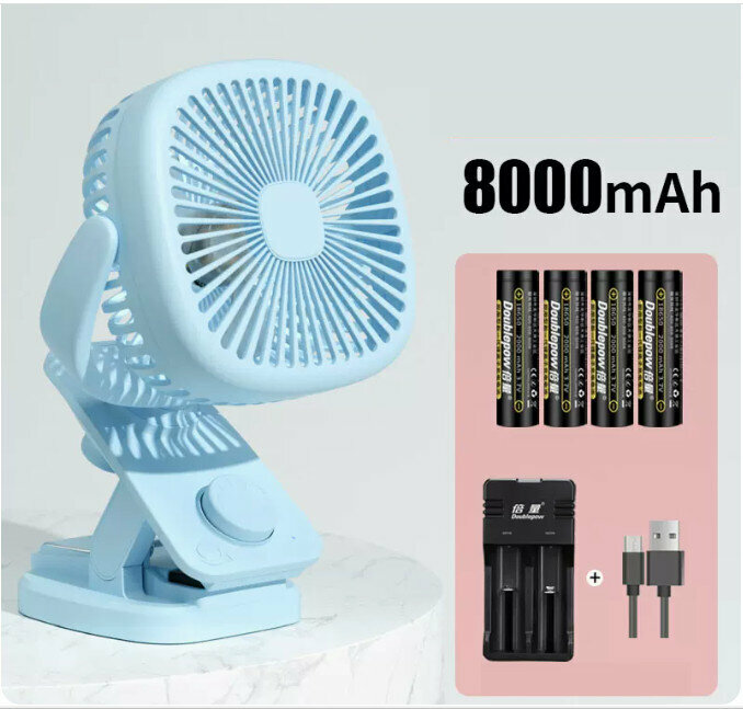 熱推搖頭小電風扇(標準版藍色+4節2000毫安培電池+usb充電線+電池充電器)