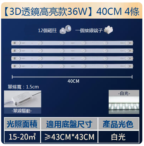 爆款【4條】LED吸頂燈替換燈條（長40cm）（36W白光）