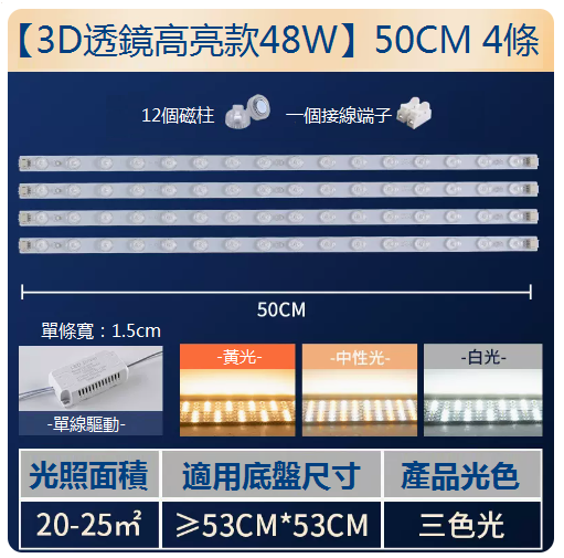 爆款【4條】LED吸頂燈替換燈條（長50cm）（48W三色光）