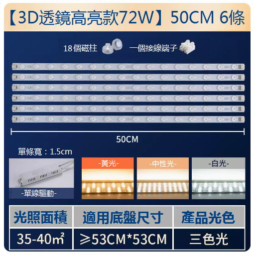 爆款【6條】LED吸頂燈替換燈條（長50cm）（72W三色光）