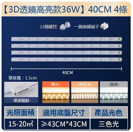 爆款【4條】LED吸頂燈替換燈條（長40cm）（36W三色光）