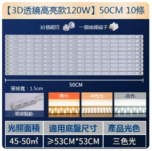 爆款【10條】LED吸頂燈替換燈條（長50cm）（120W三色光）