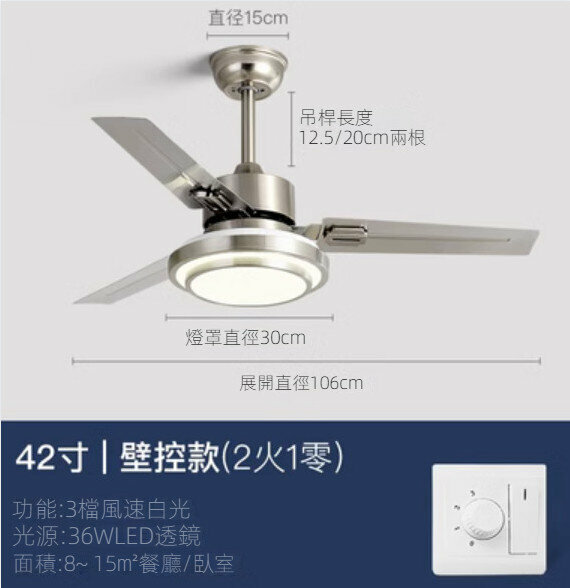 爆款家用大風力吊扇燈（A款不銹鋼42寸白光+壁控）