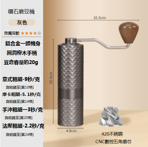 熱推鉆石磨豆機（灰色，16.5x4.8cm)