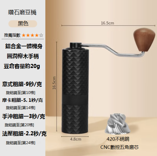 熱推鉆石磨豆機（黑色，16.5x4.8cm)
