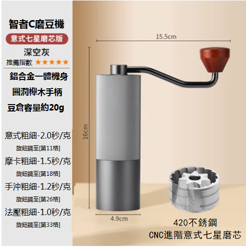 熱推智者C七星磨芯磨豆機（深空灰色，16x4.9cm)