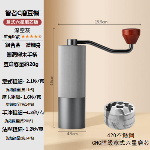 熱推智者C六星磨芯磨豆機（深空灰色，16x4.9cm)