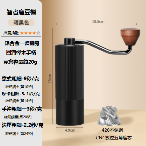 熱推智者磨豆機（曜黑色，15.5x4.9cm)