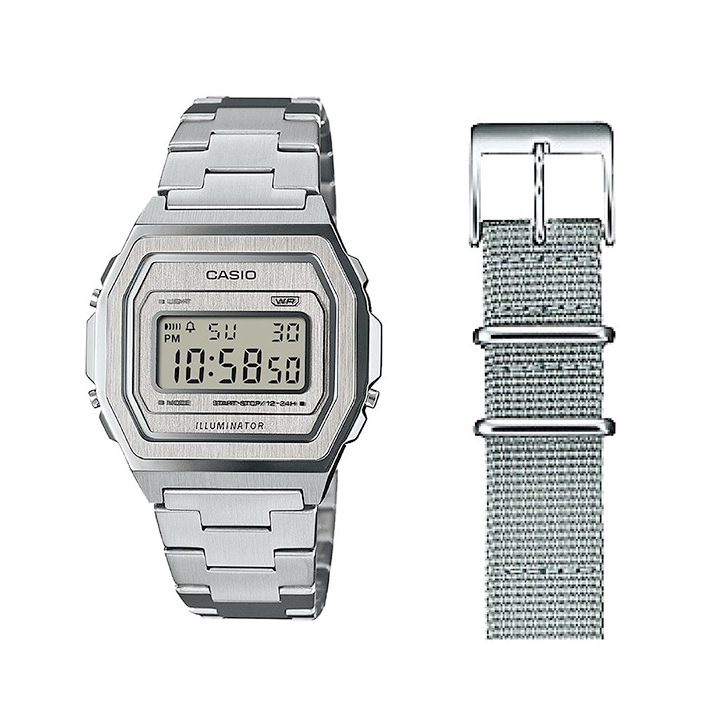 Casio A1000DN-7D 不鏽鋼 尼龍帶 套裝 超薄 復古跳字錶