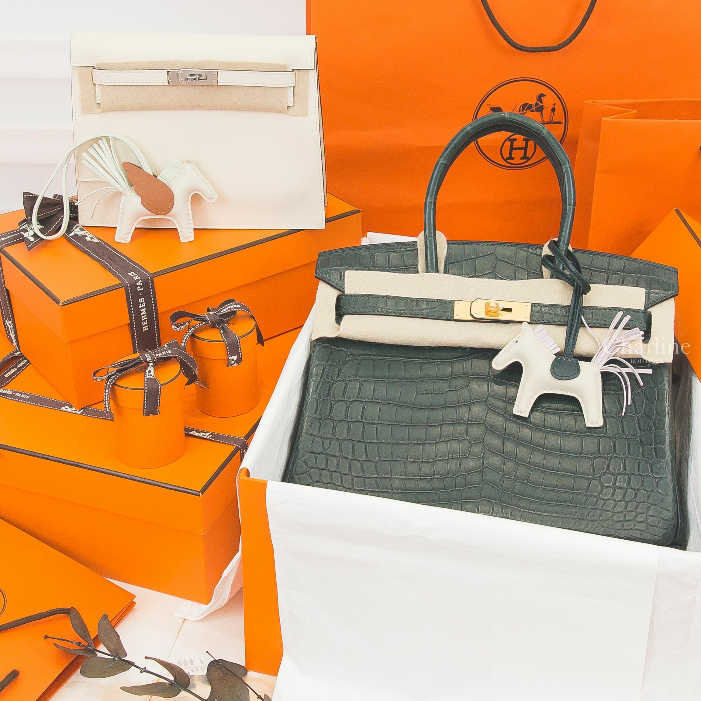 Hermès Birkin 30cm 67 祖母綠霧面兩點鱷魚金釦,Hermès Kelly Danse 奶油白銀釦,Hermès 奶昔白/淡紫色/松柏綠小馬,Hermès 奶昔白/氣泡綠/焦糖色小飛馬-Charline Boutique 精品代購