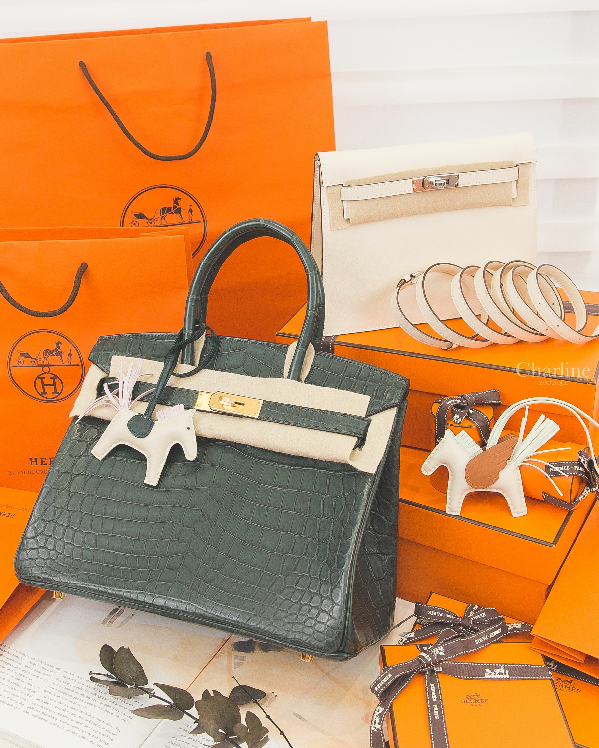 Hermès Birkin 30cm 67 祖母綠霧面兩點鱷魚金釦,Hermès Kelly Danse 奶油白銀釦,Hermès 奶昔白/淡紫色/松柏綠小馬,Hermès 奶昔白/氣泡綠/焦糖色小飛馬-Charline Boutique 精品代購