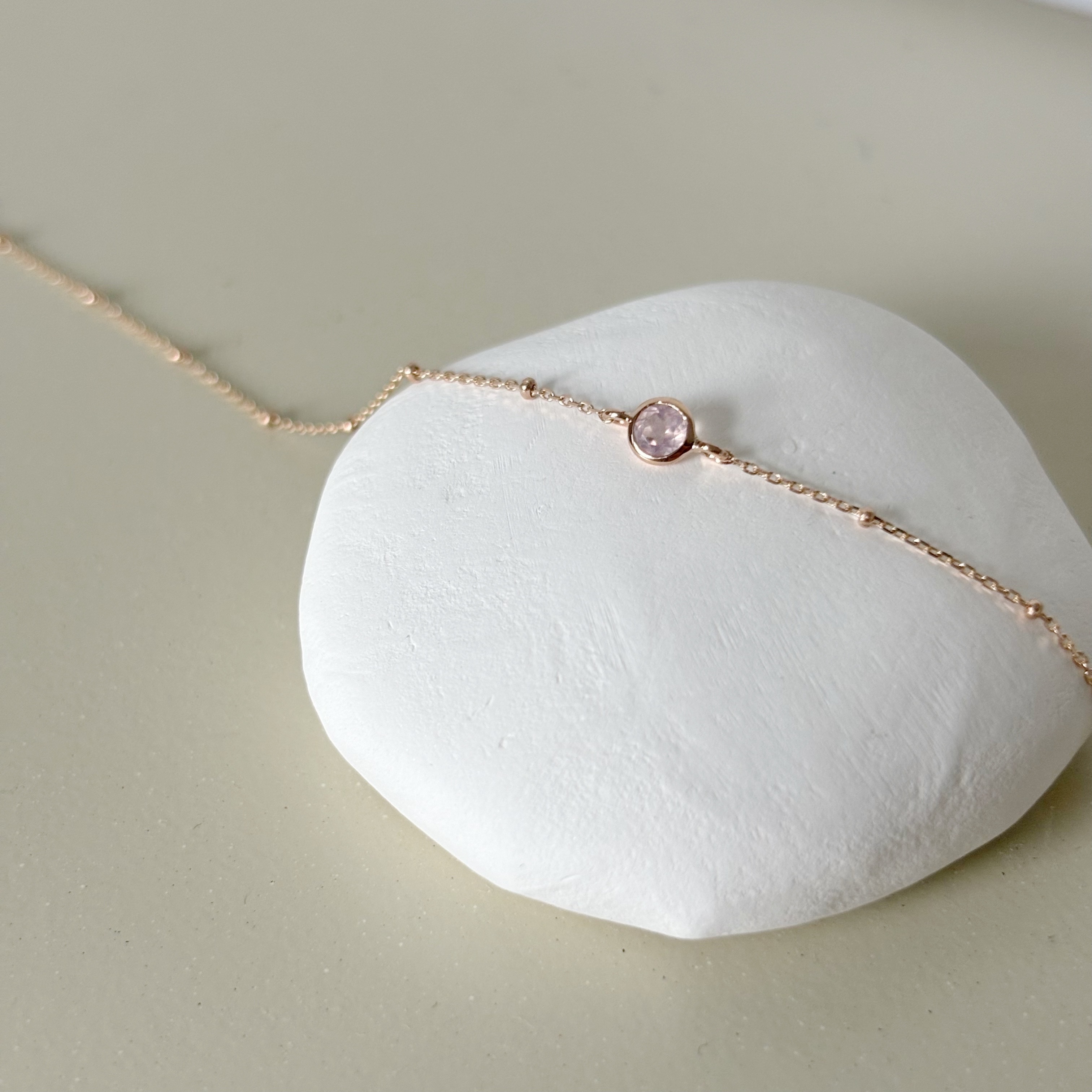 14K細珠圓邊粉晶手鍊