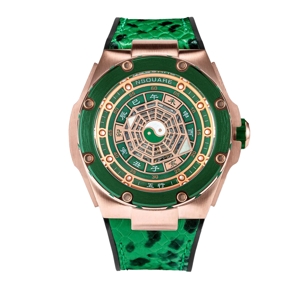 (預購)【NSQUARE】 五行系列 G0473-N59.2 木屬性 時尚 剛毅 高貴神秘 太極八卦地支 星辰機芯 撞色 機械錶 玫瑰金+綠