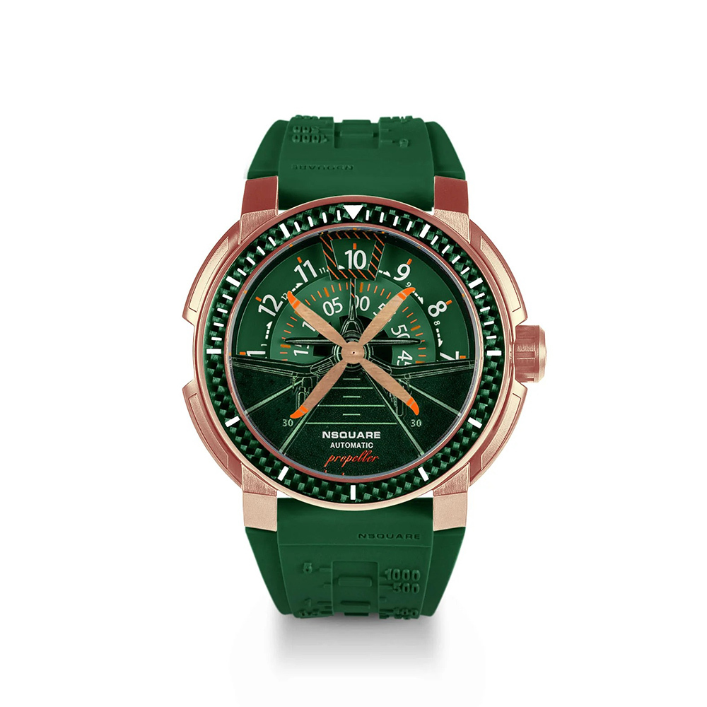 (預購)【NSQUARE】Propeller 螺旋槳飛行機械系列 G0512-N26.6 綠帶玫框 矽膠 自動機械 腕錶