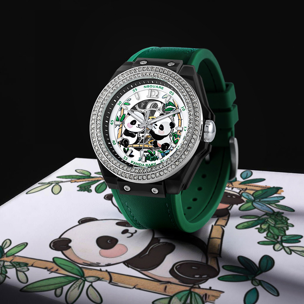 【NSQUARE】PandaBaby 熊貓寶貝 G0565-N46.2 機械機芯 限量綠 趣味熊貓 夜光 水晶 腕錶 手錶 42mm