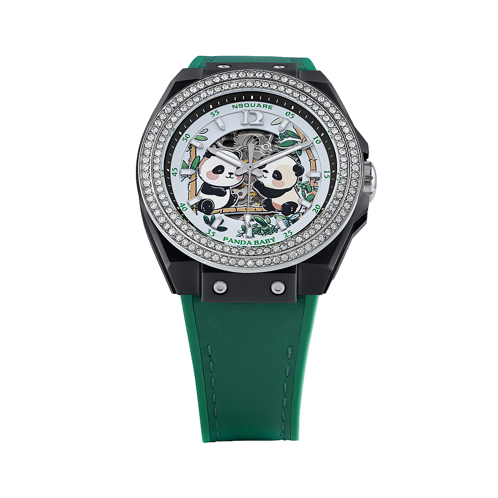 【NSQUARE】PandaBaby 熊貓寶貝 G0565-N46.2 機械機芯 限量綠 趣味熊貓 夜光 水晶 腕錶 手錶 42mm