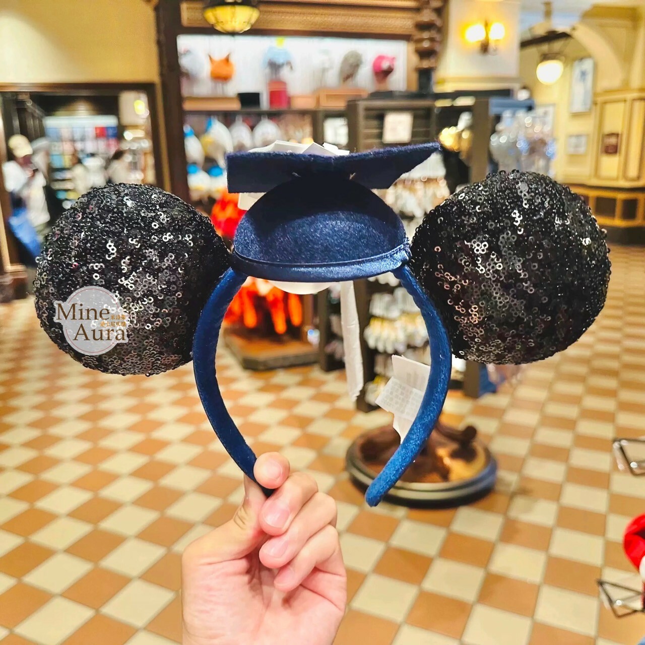 米奇 Mickey 亮片設計立體耳朵 學士帽 造型 髮圈 髮箍 徽章 PIN -上海迪士尼樂園
