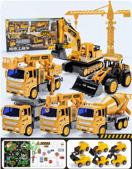 熱推城市工程卡車（黃色）（超大號加厚禮盒6只裝+吊塔+工程車6輛+超大場景包）（規格：67*29.5*8.5CM）