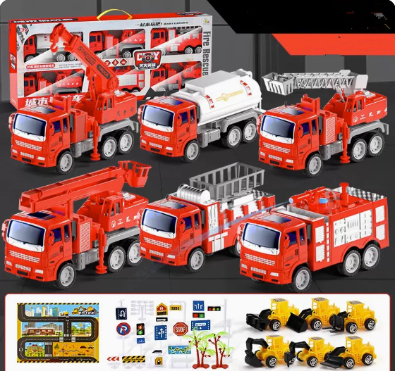 Popular urban fire truck (red) (6 extra large thickened gift boxes (can spray water) + 6 engineering vehicles + extra large scene package) (Specifications: 65*28.5*9CM)