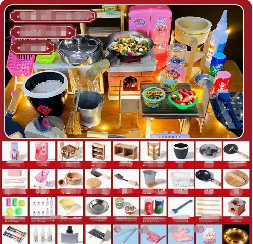 Hot-selling MINI Kitchen Real Cooking Complete Set of Cooking Toys (Three-Pot Light Version 35-piece Set) (Piaoxiang BBQ + State-owned Chef God)