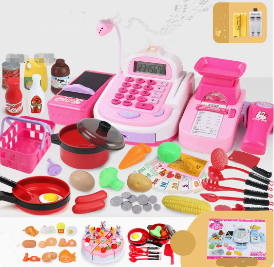 Popular multifunctional cash register (rechargeable pink) (111-piece set + cake set + McDonald's - weigh and issue receipt) (Specification: 25*20*11CM)